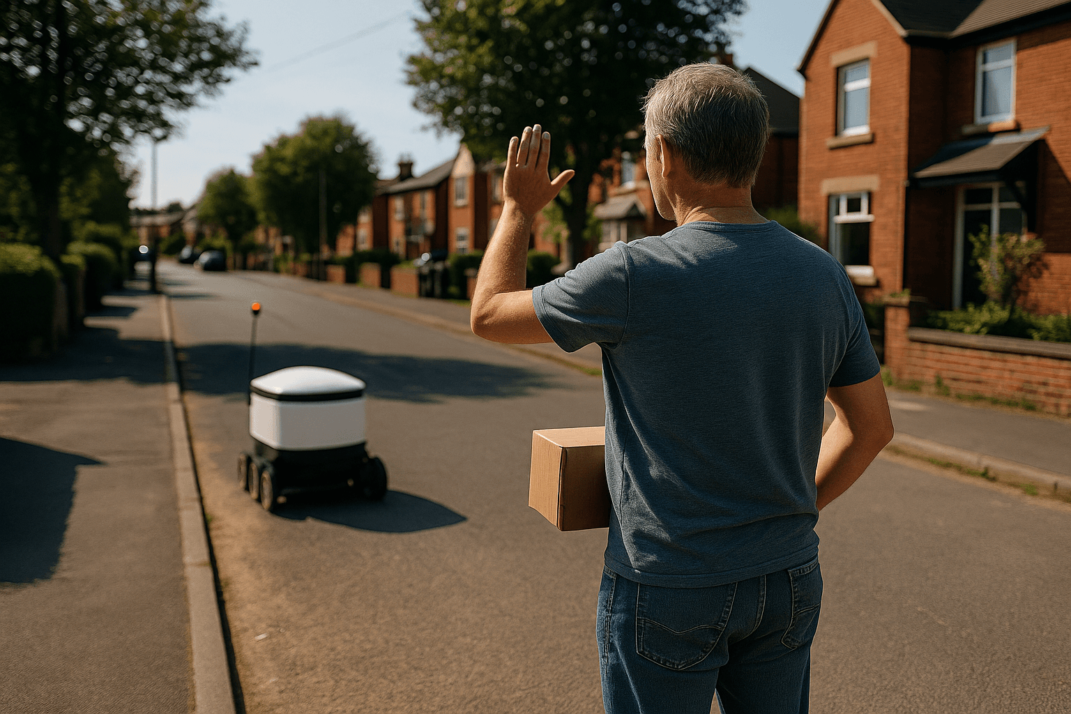 Person receiving a delivery from a robot
